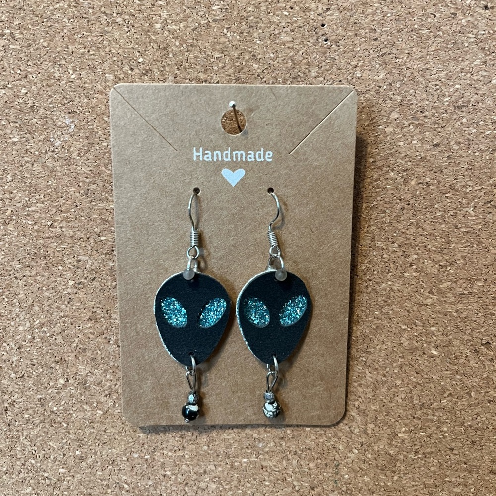 Alien glitter earrings - handmade faux suede